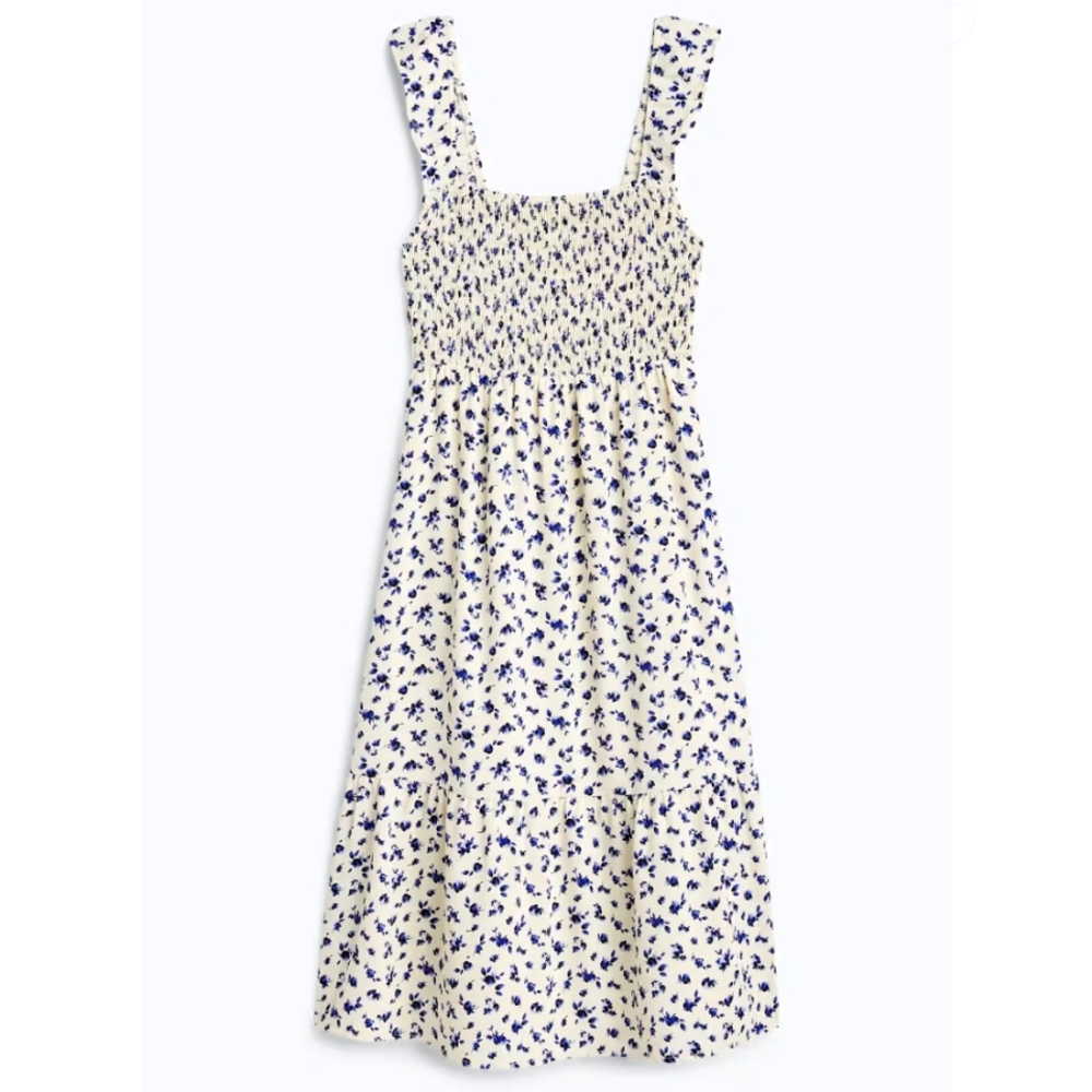 French Grey Cream Sundress with Blue Floral Print